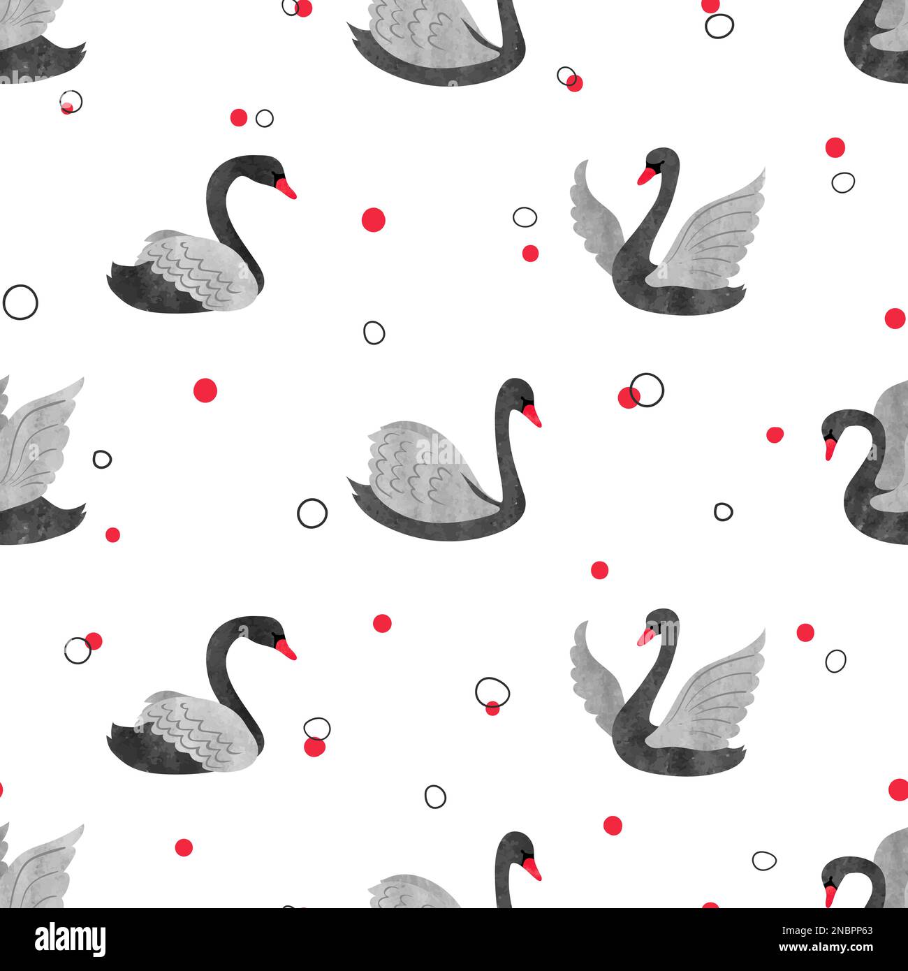 Seamless watercolor black swans pattern. Vector background. Stock Vector