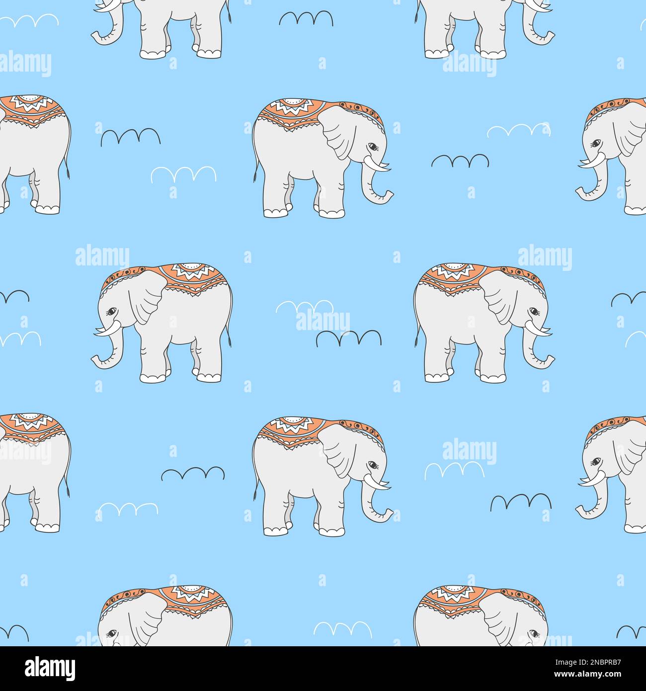 Seamless pattern with doodle elephants on blue. Vector background for ...