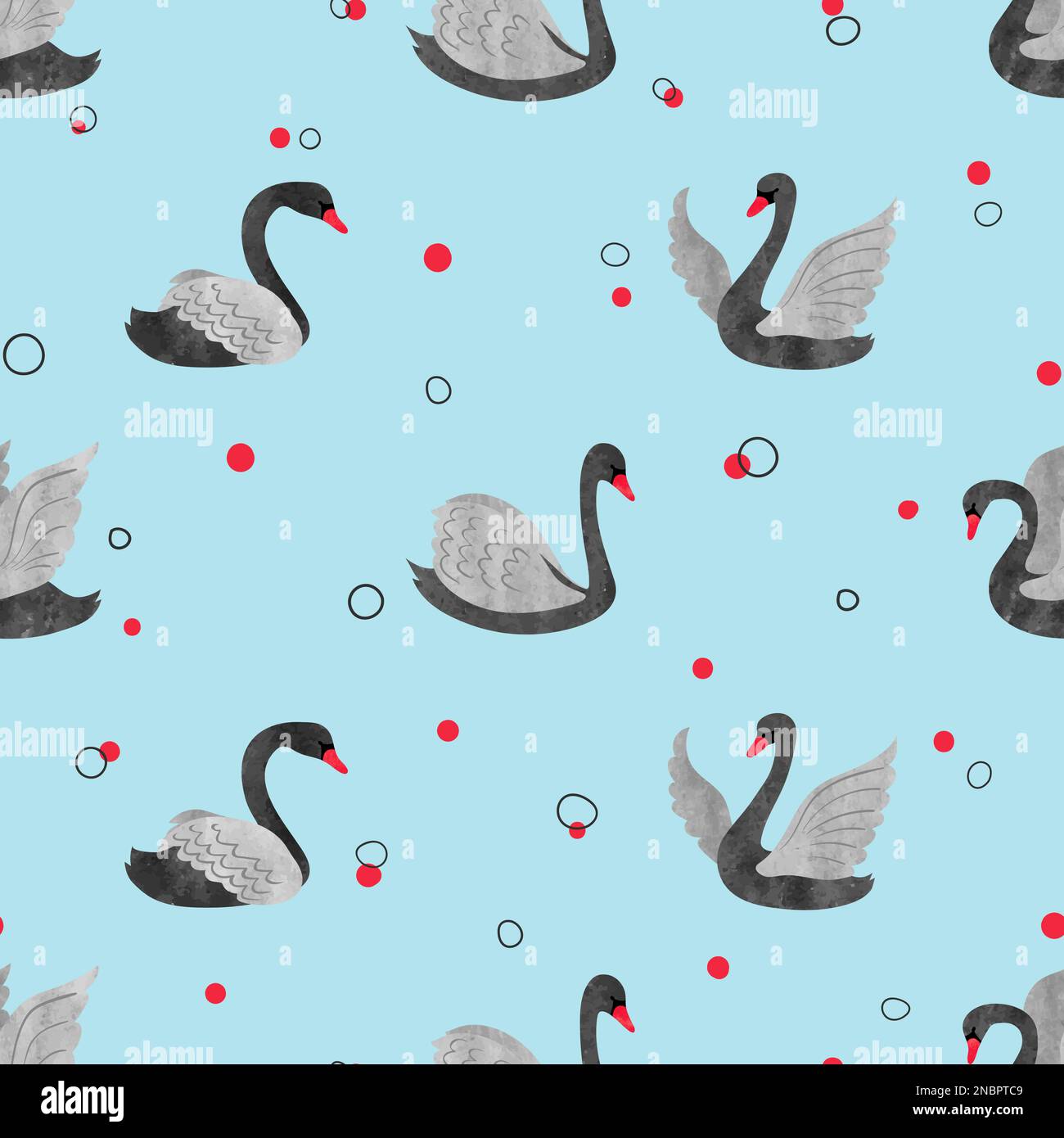 Seamless pattern with watercolor black swans on blue. Vector background. Stock Vector