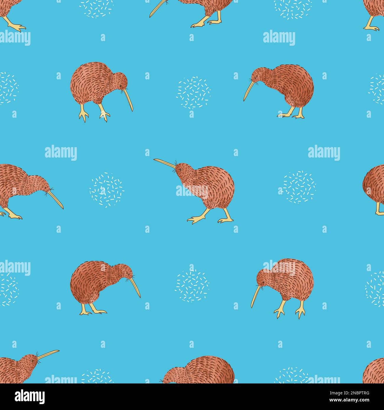 Brown Kiwi birds on blue seamless pattern. Vector background. Stock Vector