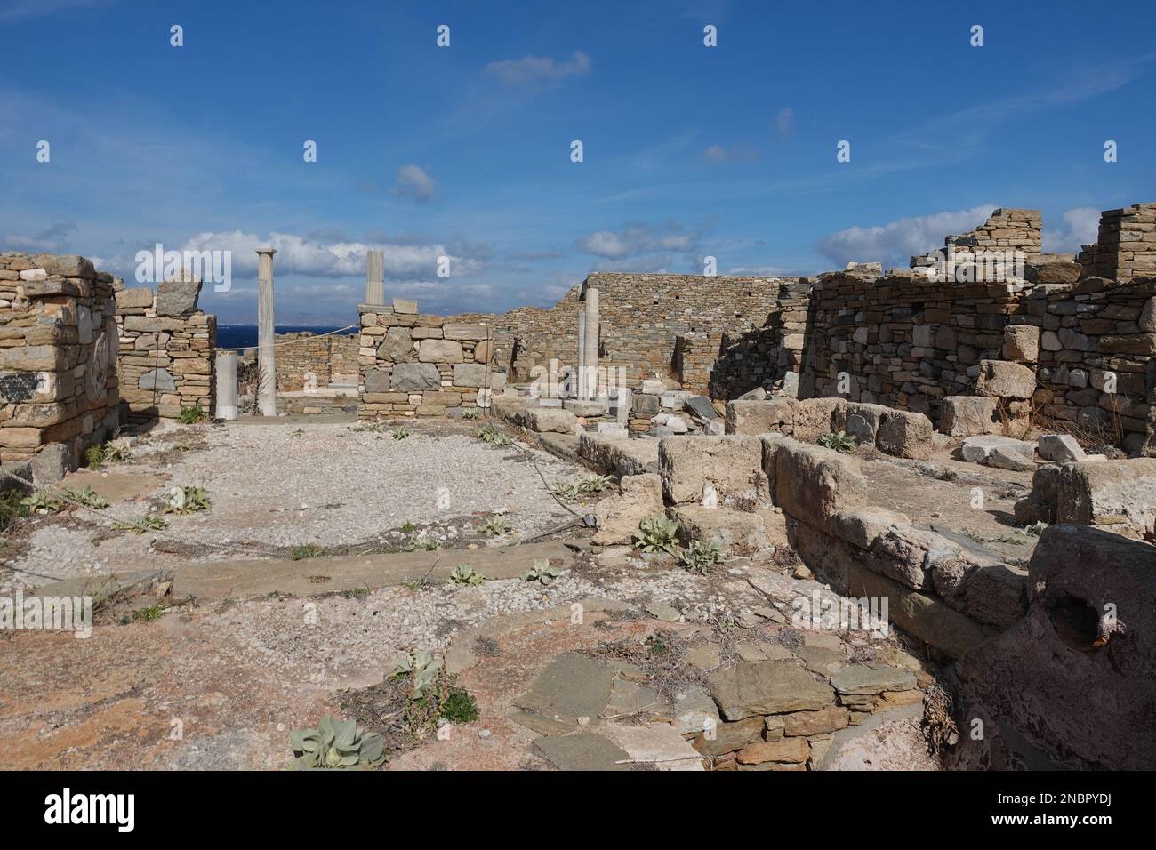 Arheological ruins on Delos Island, UNESCO World Heritage Site. One of the most important mythological, historical and archaeological sites in Greece. Stock Photo