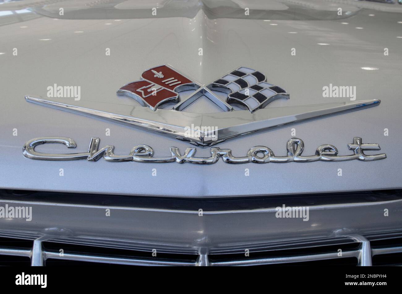 Indianapolis - Circa February 2023: Chevrolet legacy logo, from a 1959 Chevy El Camino. Stock Photo