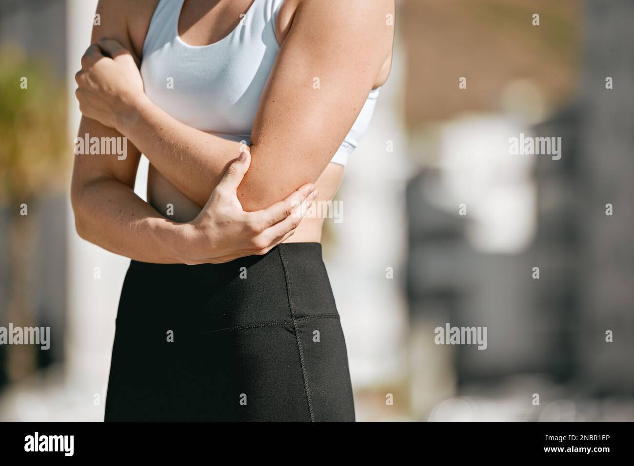 Pain, fitness and woman with broken arm after running, cardio injury and sprain after exercise