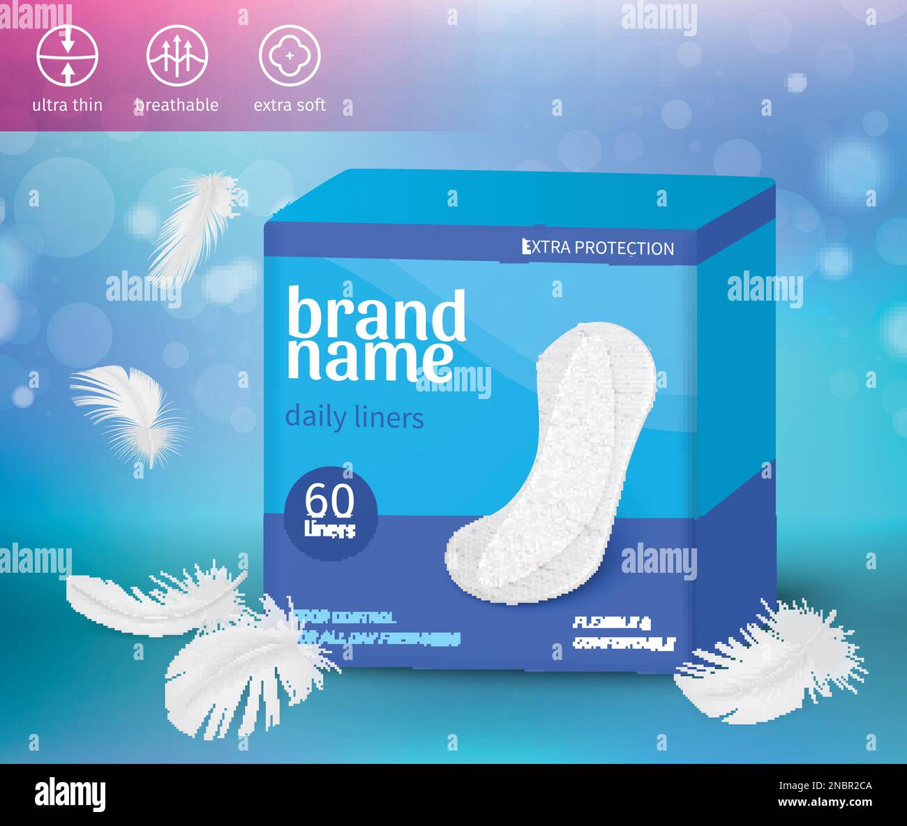 Feminine hygiene realistic poster with daily liners pack and feathers