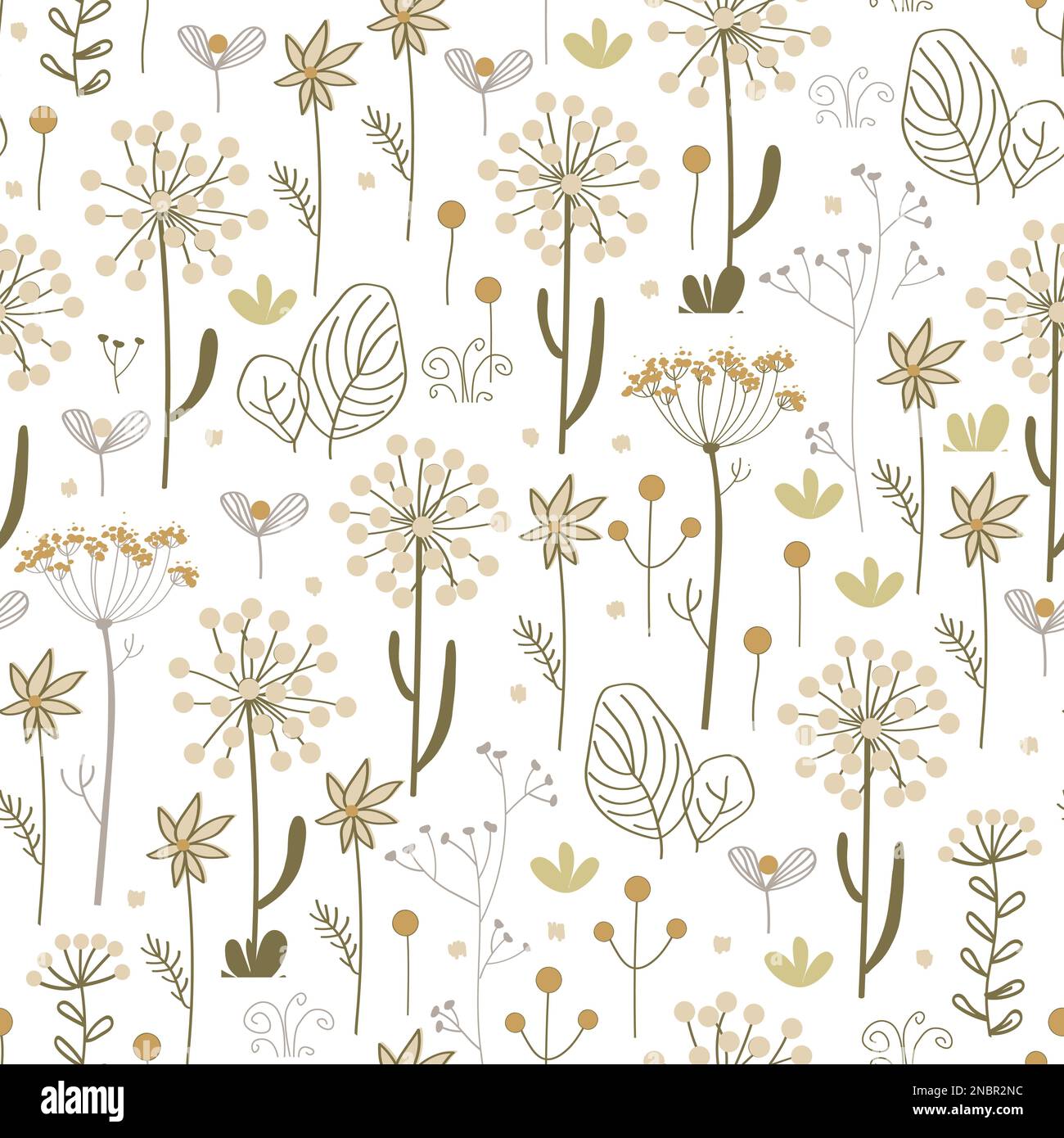 Meadow flowers and herbs boho seamless pattern. Blooming grass doodle ...