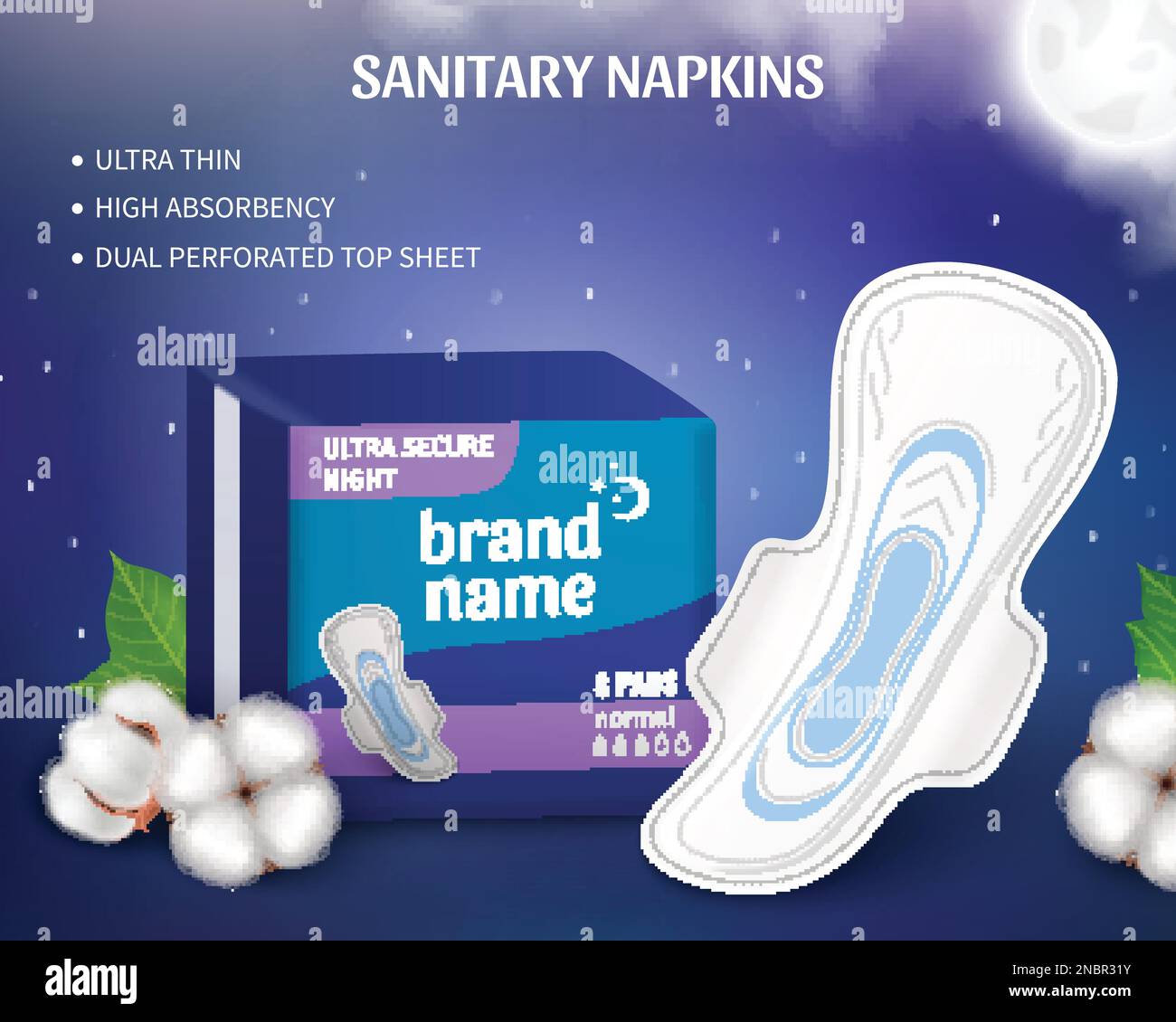 Feminine hygiene poster with sanitary napkin pack and cotton flower on