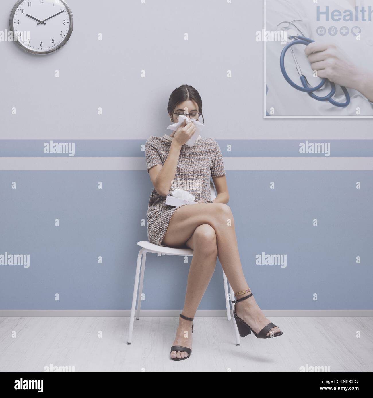 Patient with cold and flu sitting in the waiting room at the hospital