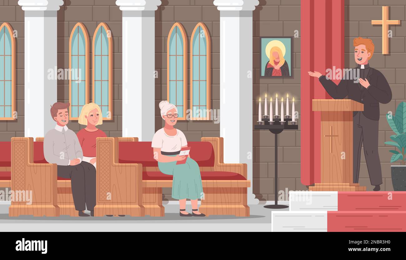 Christian church cartoon scene with mass service and priest talking