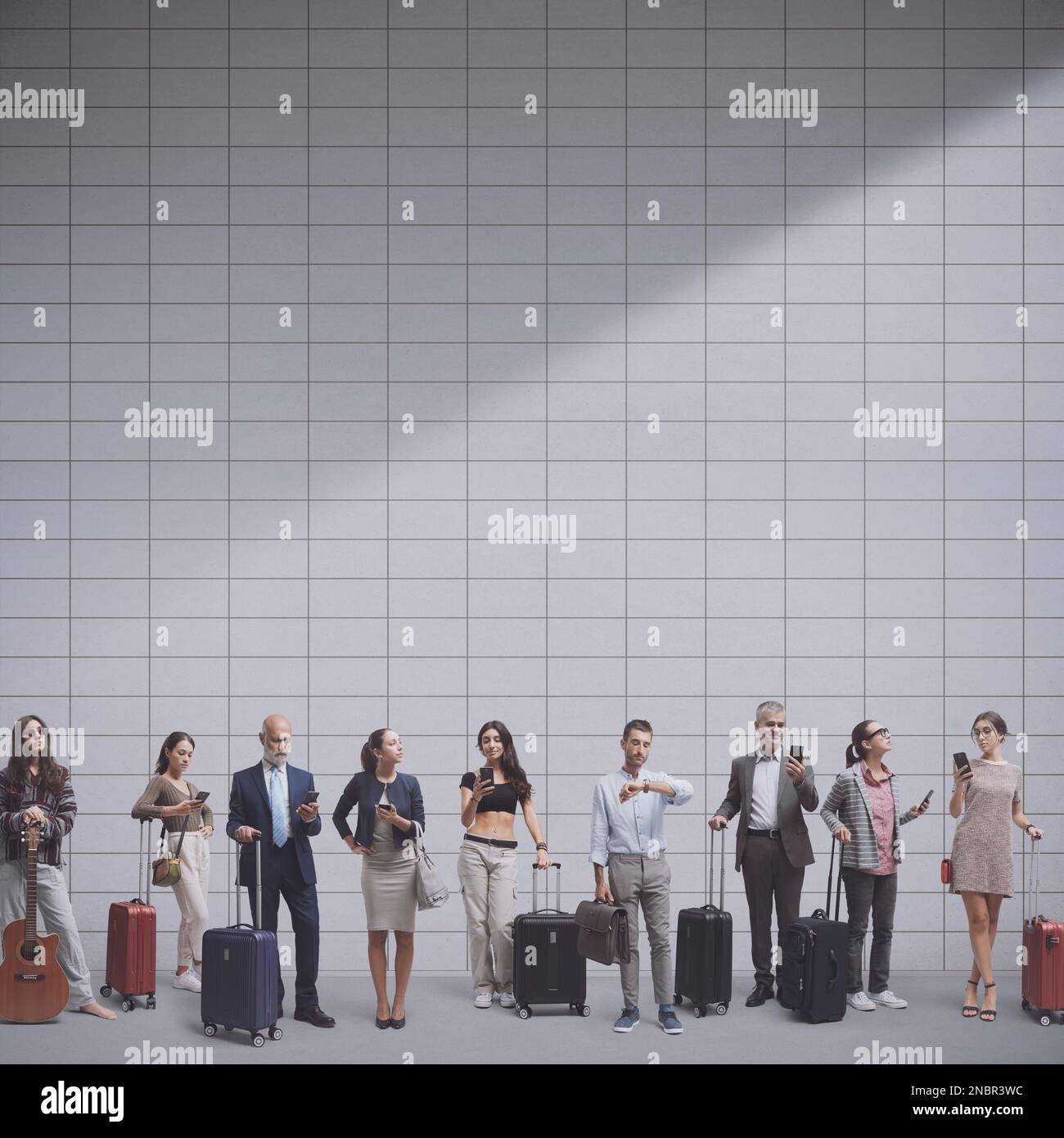 Crowd of diverse traveling people standing in line and waiting on the