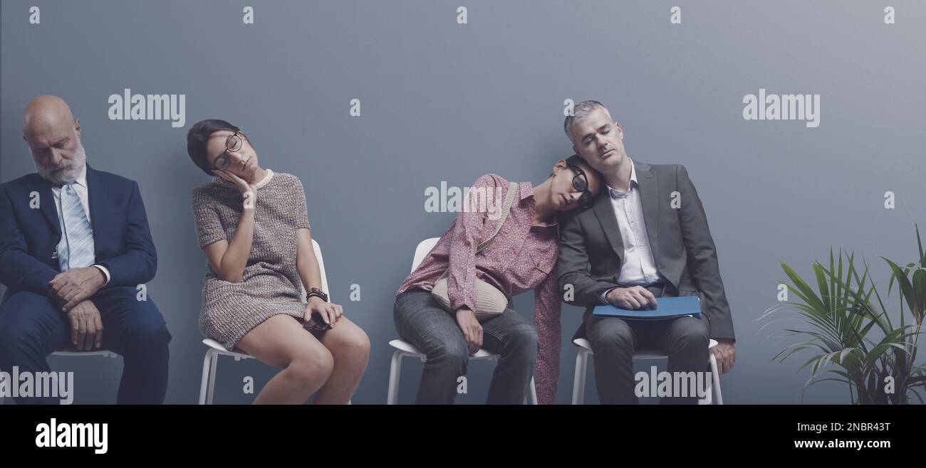 Exhausted tired people sitting on chairs and falling asleep in the