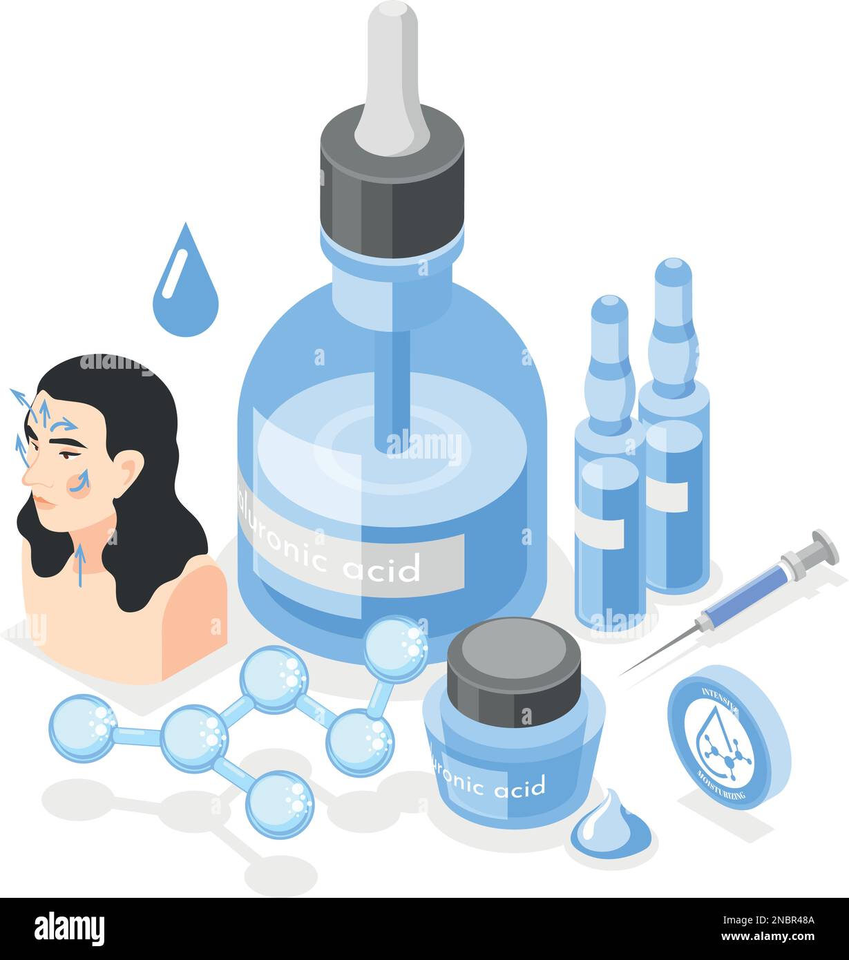 Hyaluronic acid isometric composition with set of vials creams syringe and molecular structure with female face vector illustration Stock Vector