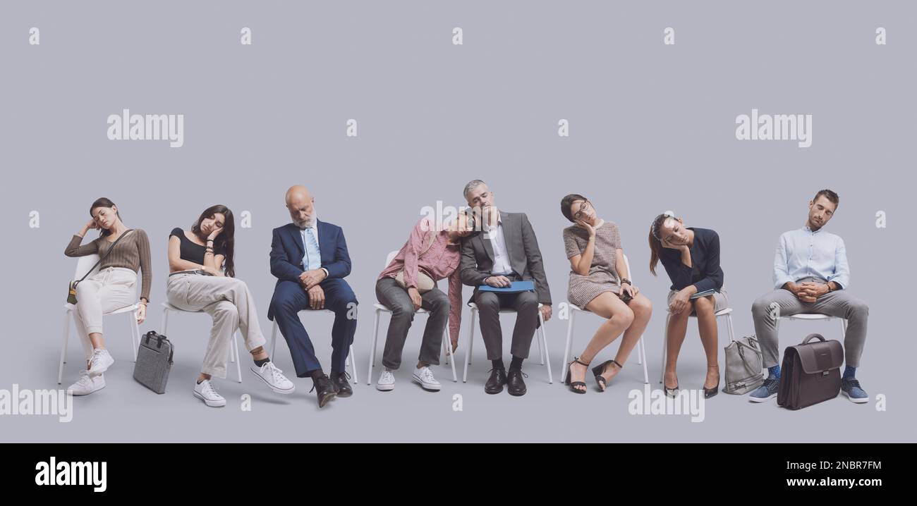 Exhausted tired people sitting on chairs and falling asleep in the