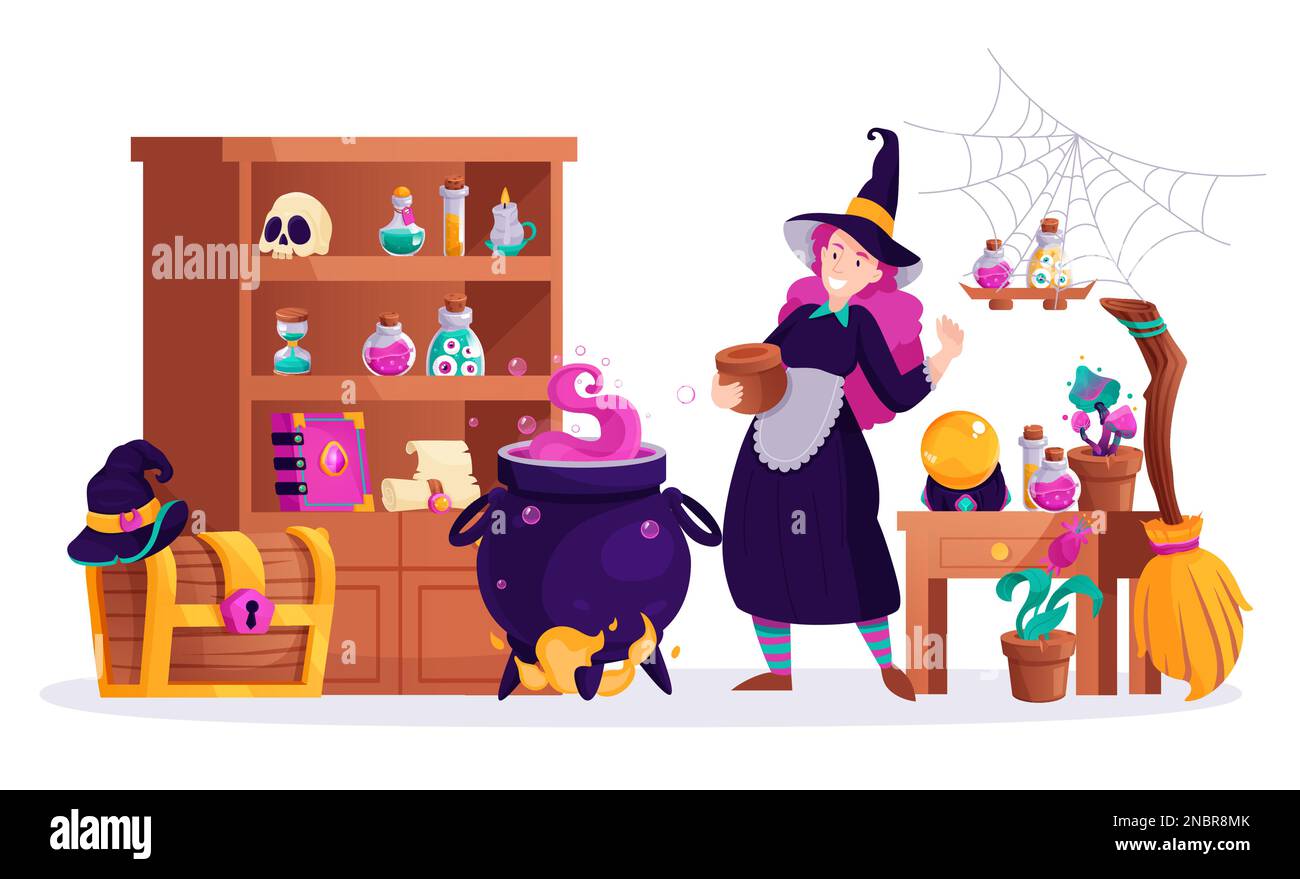 Magic composition of vintage interior elements in witch dwelling with female character jars chest and cauldron vector illustration Stock Vector