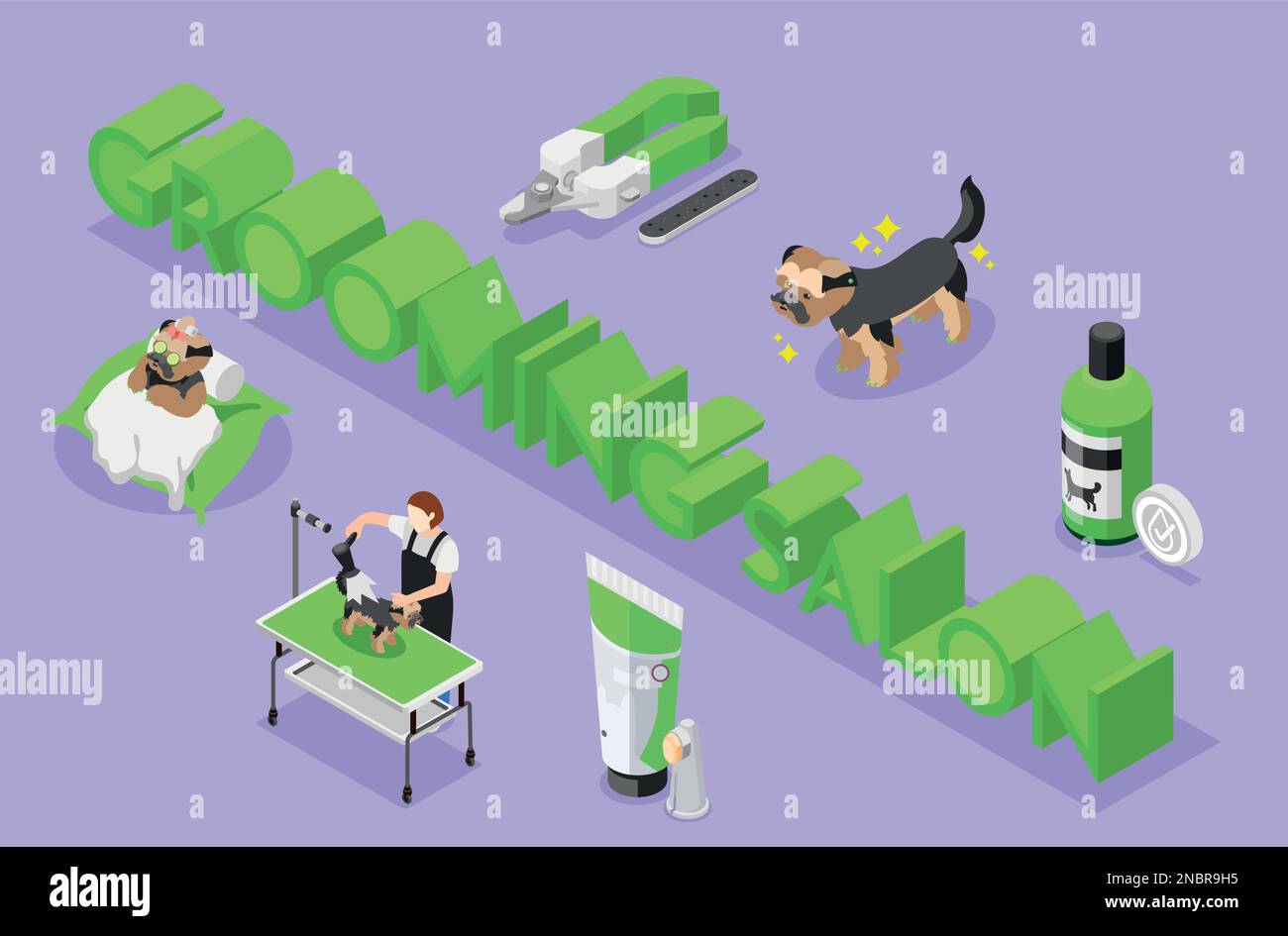 Grooming salon isometric background with composition of 3d text ...