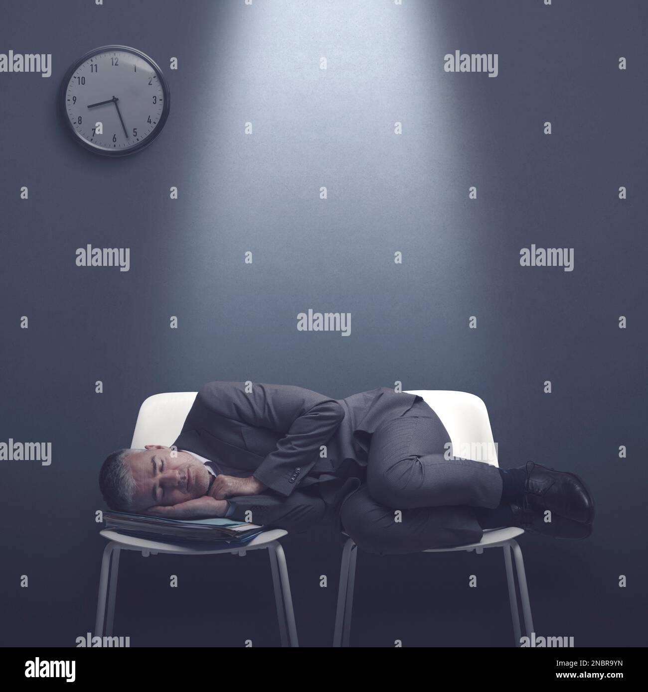 Exhausted job applicant lying on chairs and sleeping in the waiting