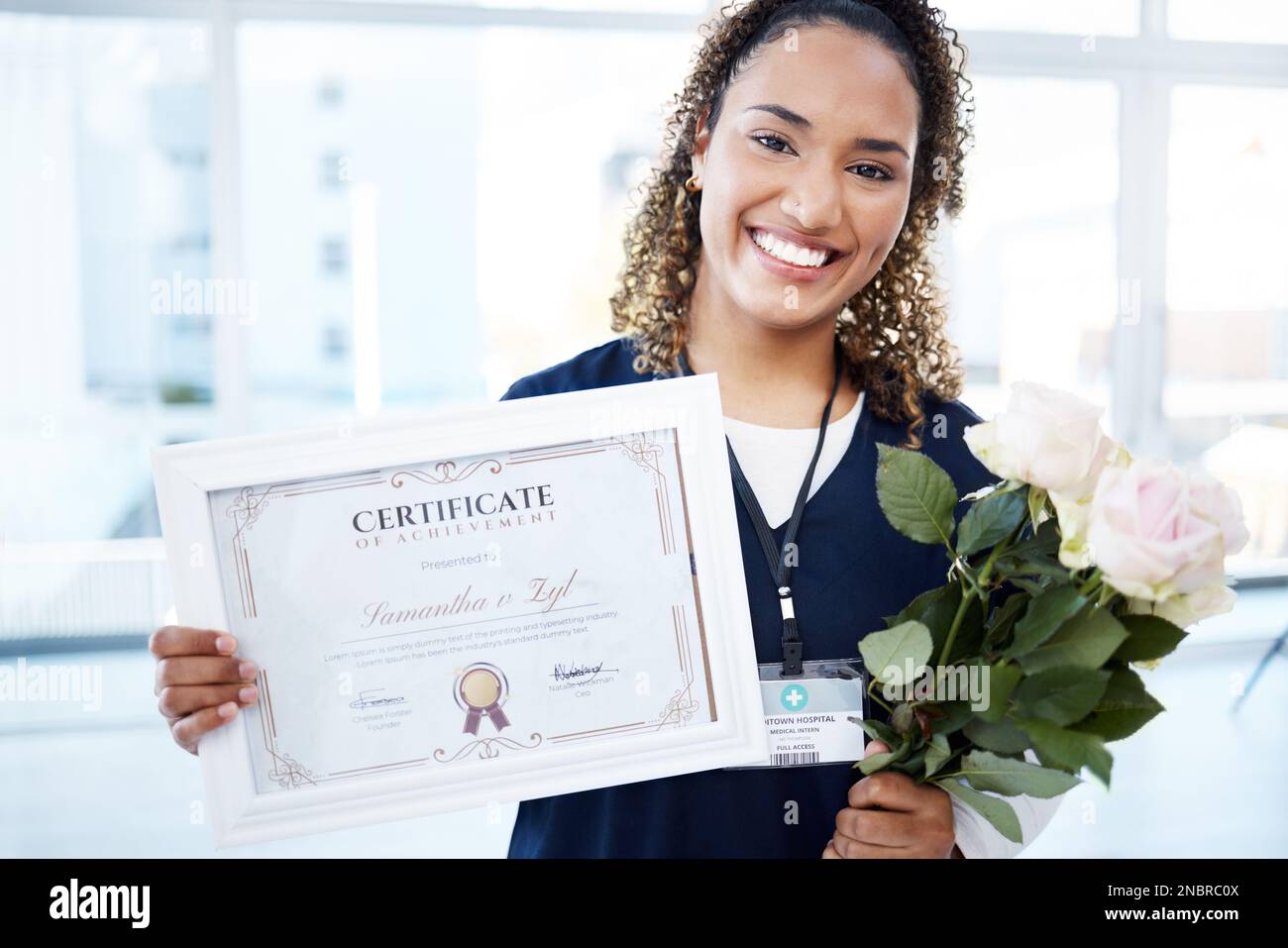 Certificate, flowers and portrait with a black woman graduate in the ...