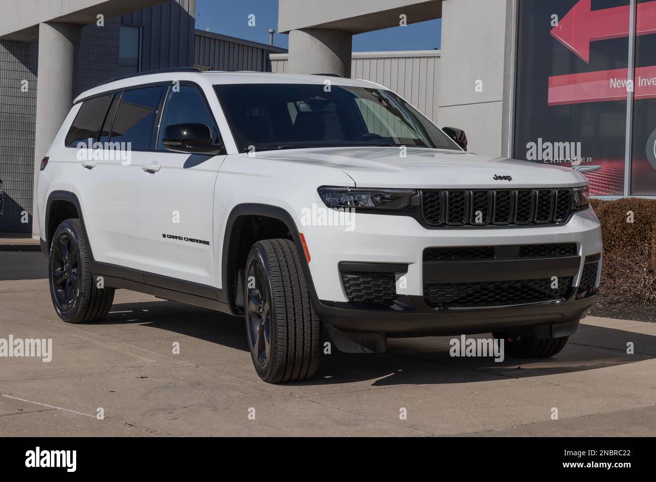 Cincinnati - Circa February 2023: Jeep Grand Cherokee display at a dealership. Jeep offers the Grand Cherokee in Laredo, Limited, and Trailhawk models Stock Photo