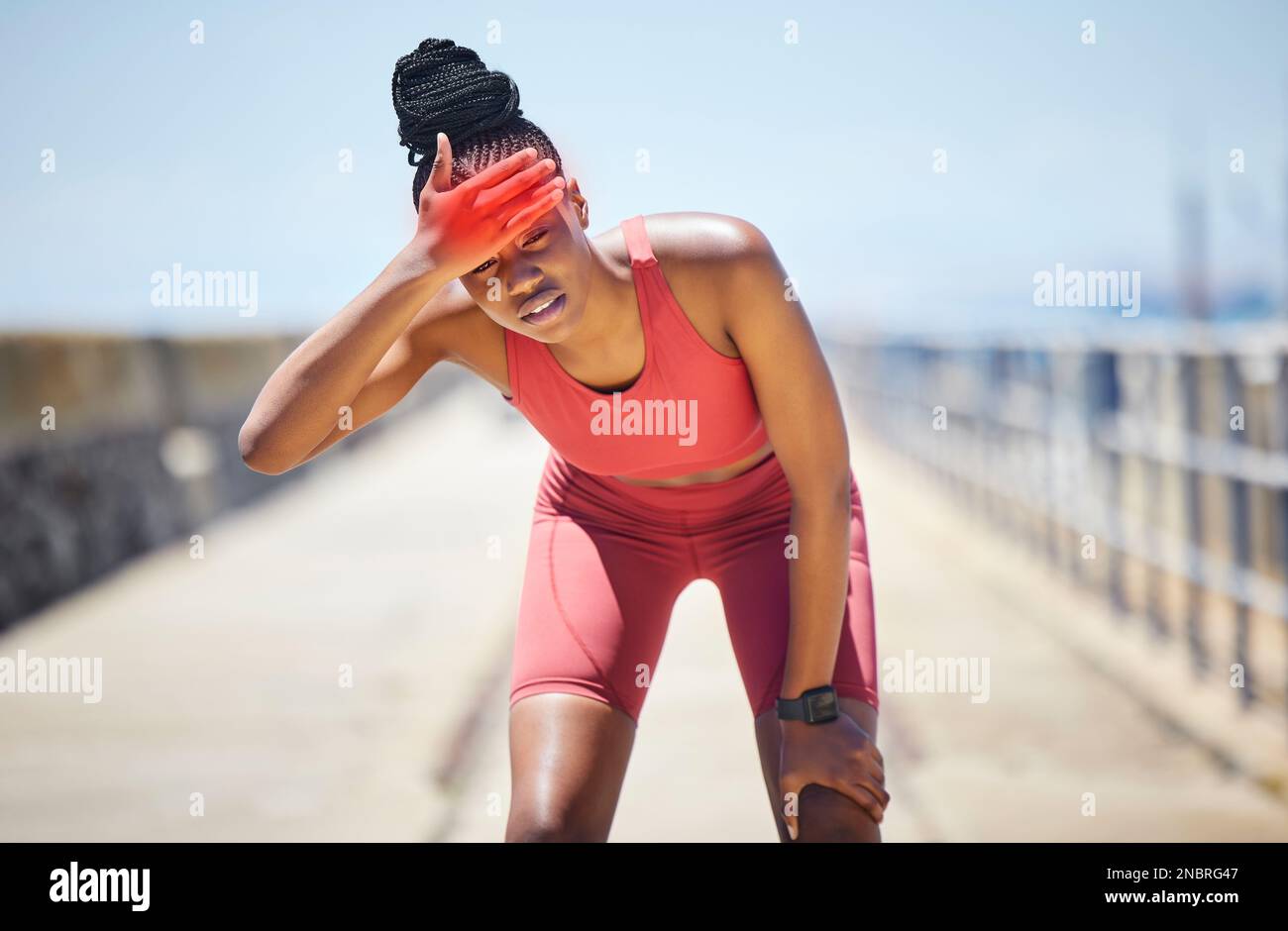 Headache, fever and black woman runner by the sea with fitness