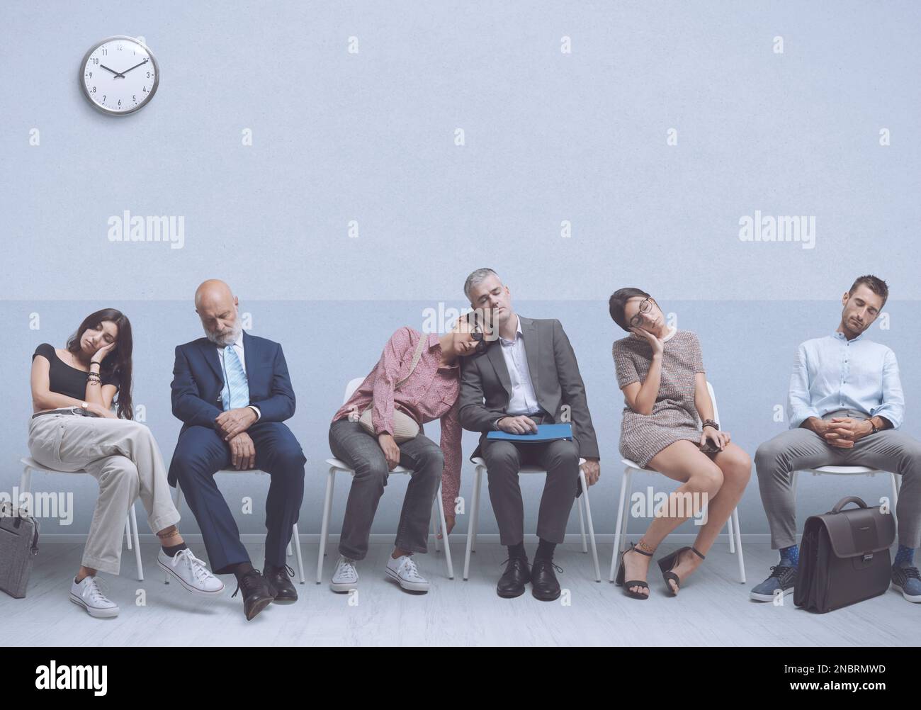 Exhausted tired people sitting on chairs and falling asleep in the