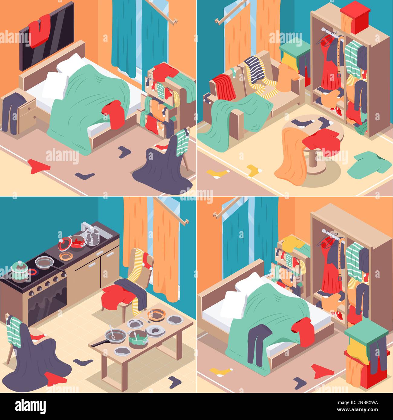 Messy room isometric concept icons set with dirty interior symbols
