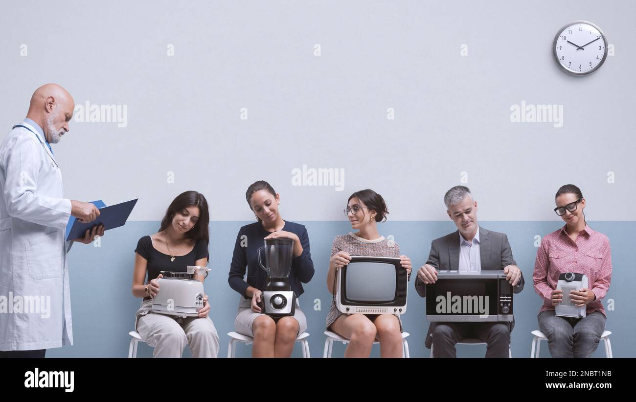 Appliance repair service people holding their broken appliances and