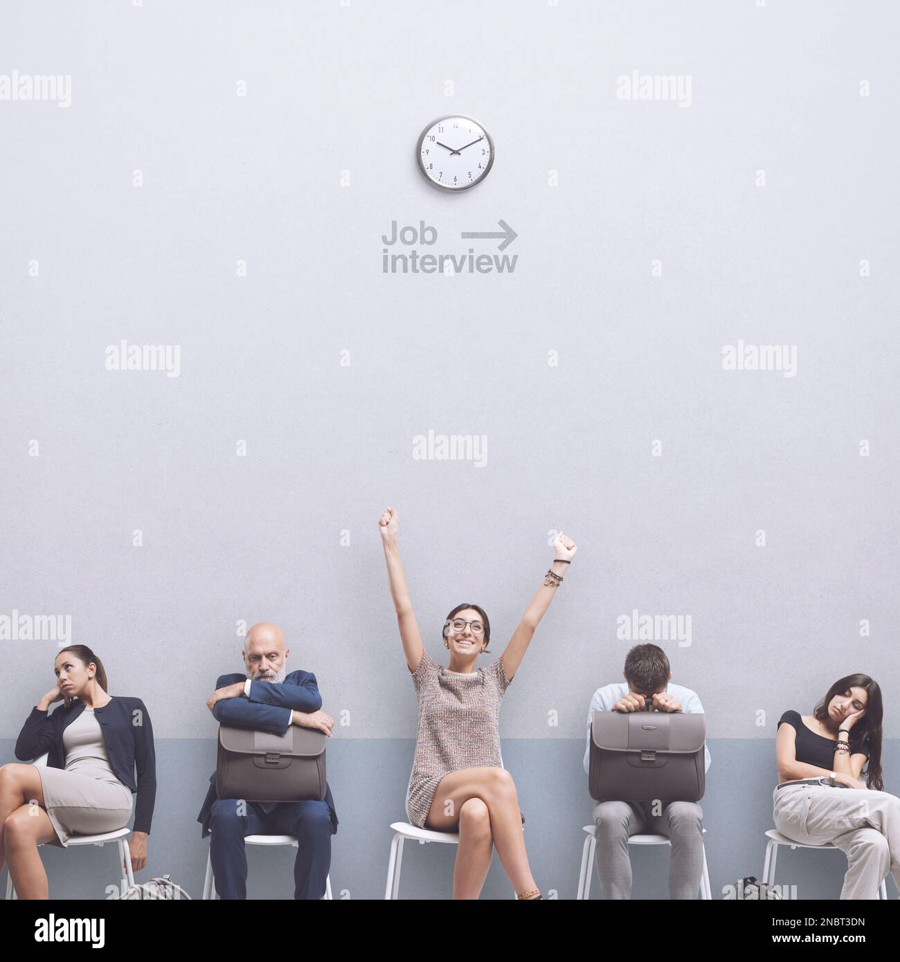 Happy woman celebrating with raised arms, the company recruited her ...