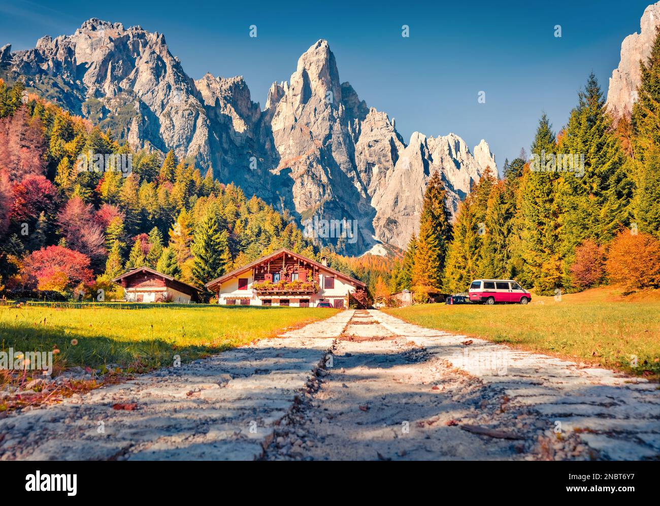 Picturesque autumn view of hottel on Pradidali valley, Province of Trento, Italy, Europe. Superb morning scene of Dolomite Alps. Beauty of countryside Stock Photo