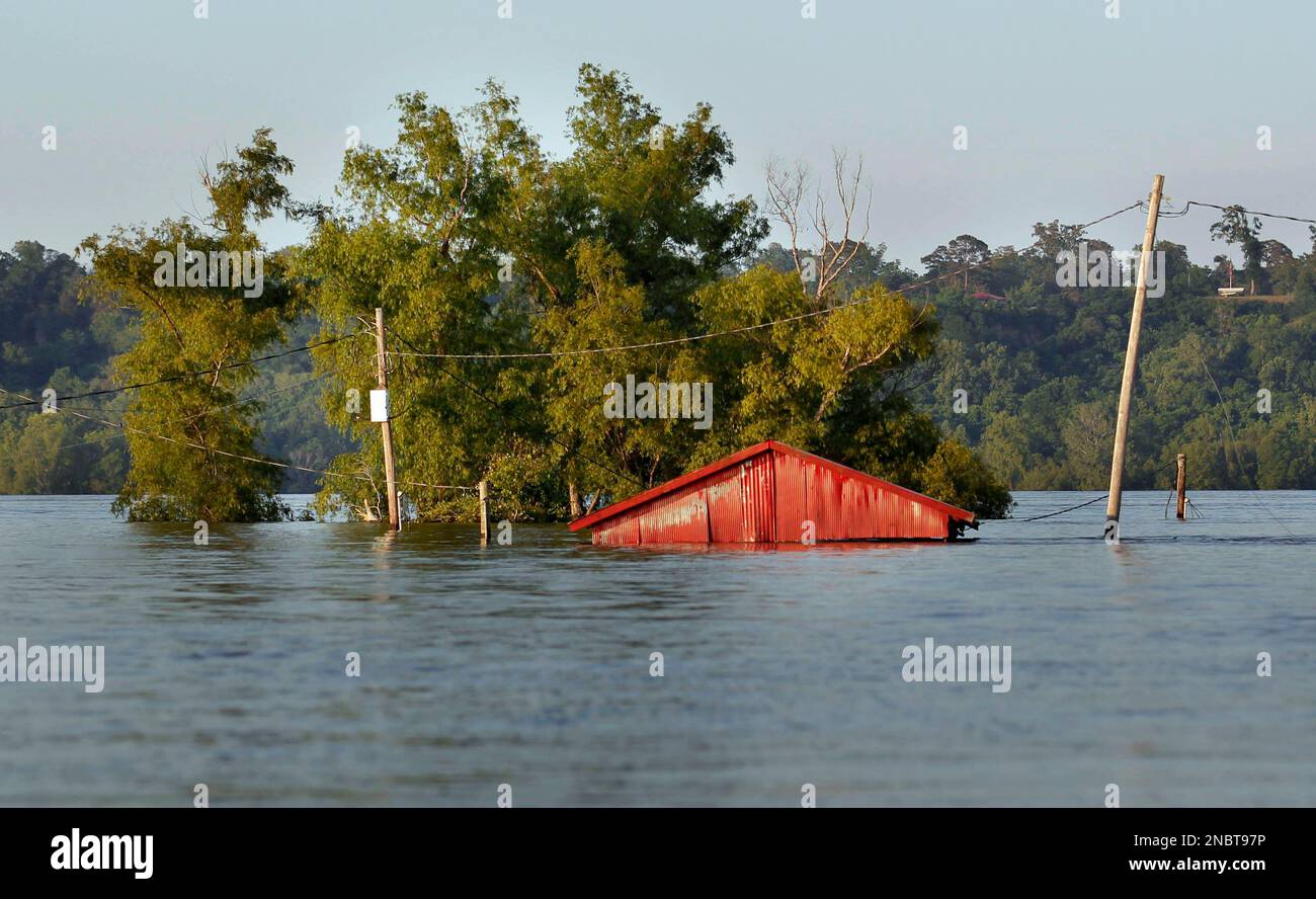 A shed is seen under water at the Vidalia Dock and Storage, as floodwaters from the rising