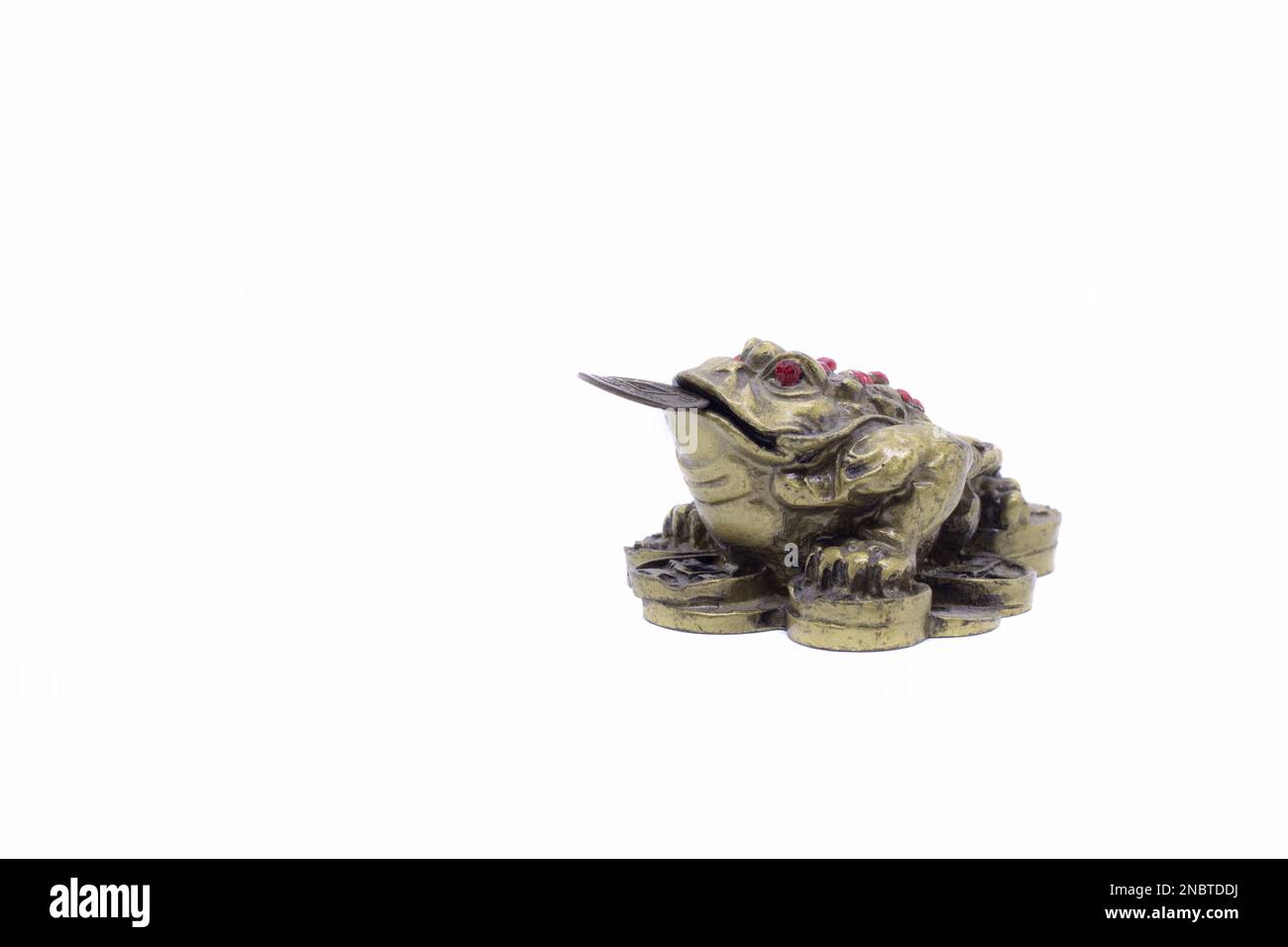 Feng Shui frog sitting on money isolated on white background, chinese