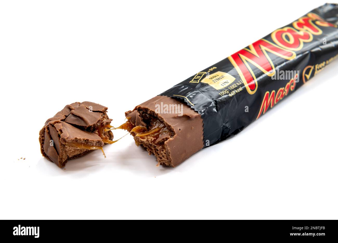 London. UK-02.12.2023. A Mars bar showing the chocolate with caramel isolated in white. Stock Photo