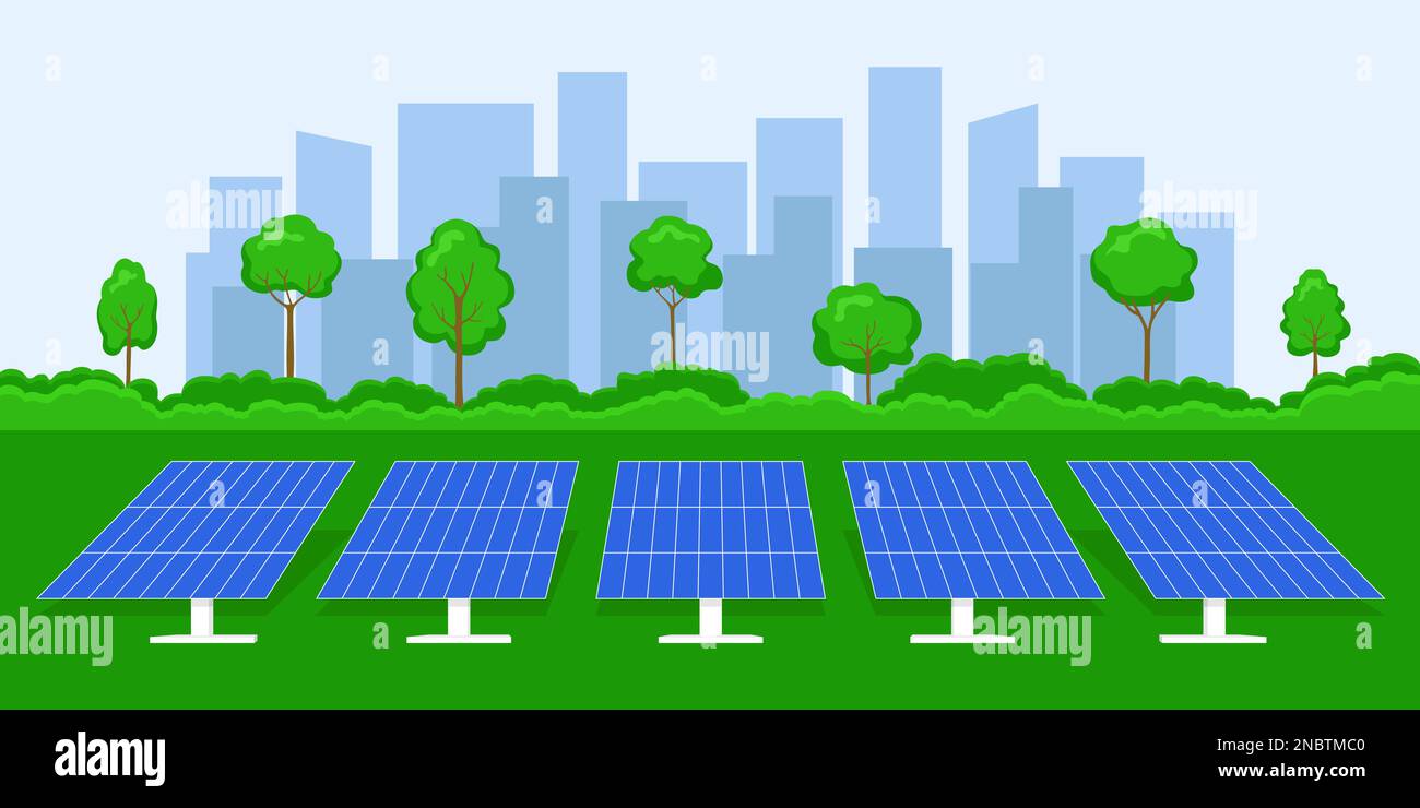 Solar panels near city. Clean energy. Vector illustration. Stock Vector