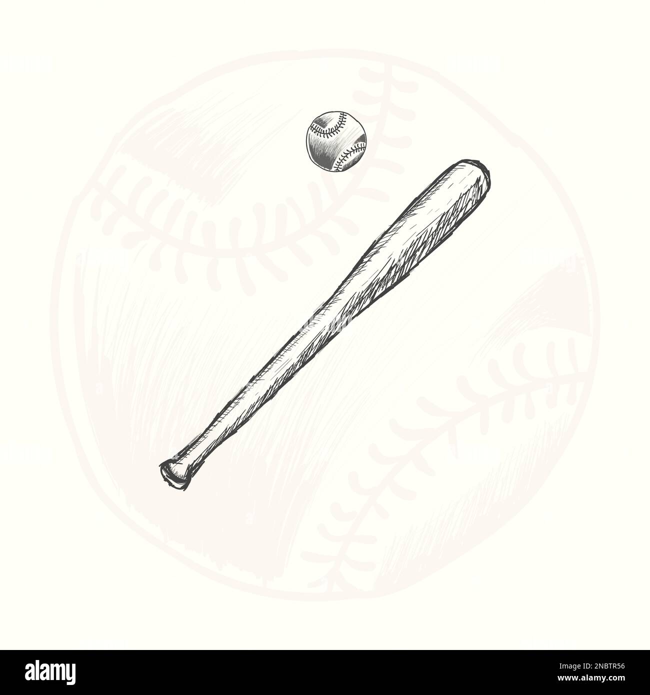 hand drawn baseball bat and ball vector illustration in black, detailed in vintage style Stock Vector
