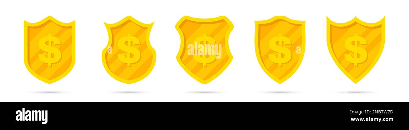 Set of golden different shields with dollar icon. Money protection Stock Vector