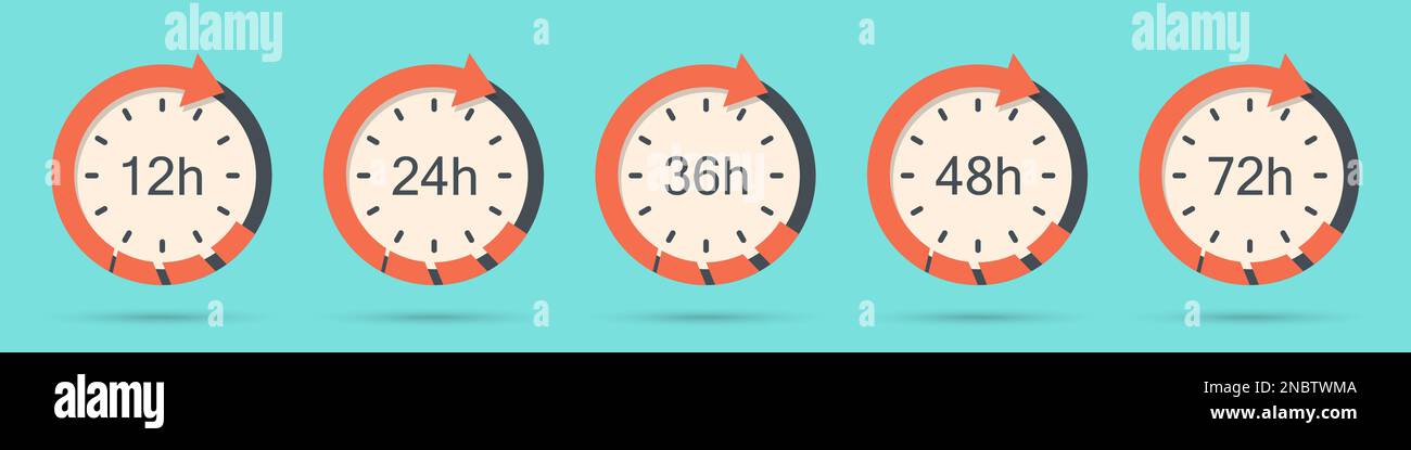 Set of clock arrow 12, 24, 36, 48, 72 hours in a flat design Stock Vector