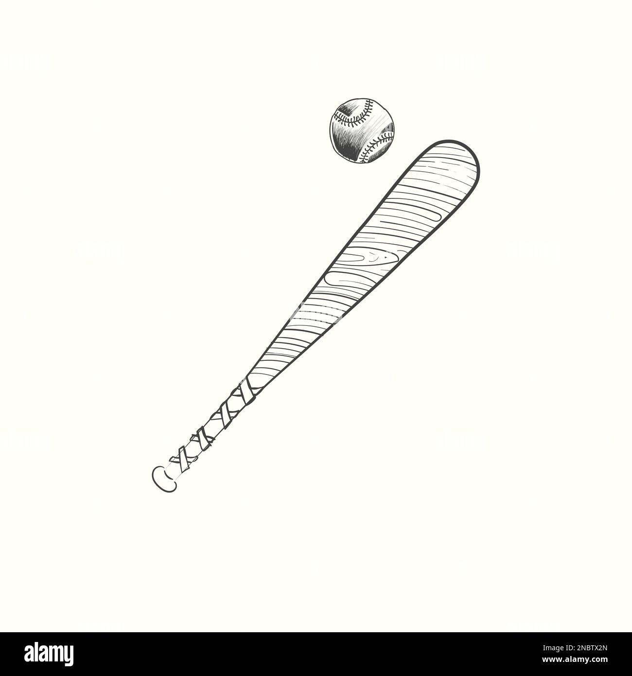 hand drawn baseball bat and ball vector illustration in black Stock