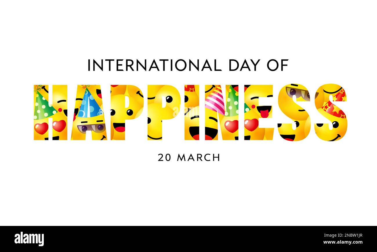 International Day of Happiness text design. Emoji vector on white background. Smile icons logo template. Face doodle line art style Stock Vector