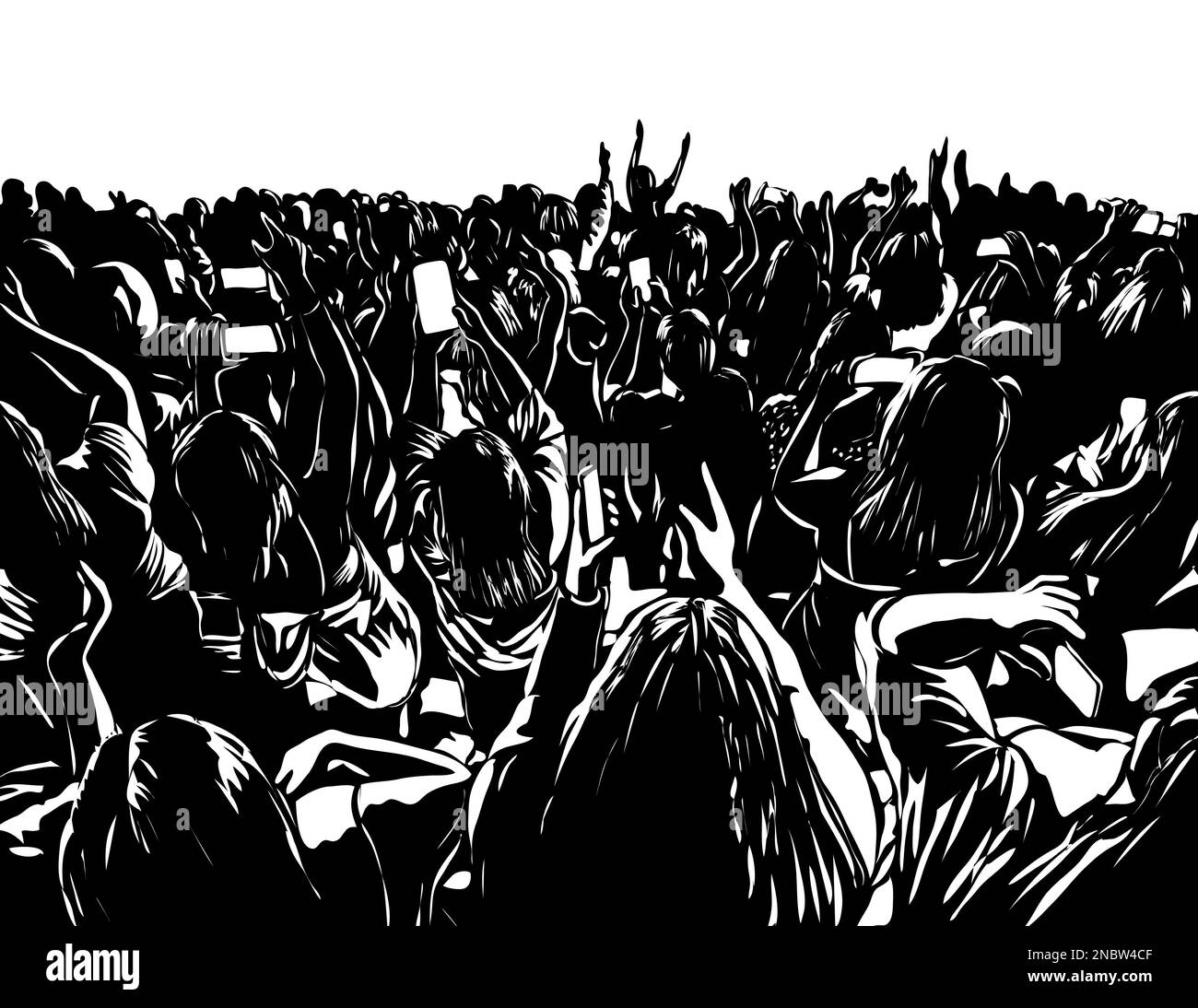 Retro woodcut style illustration of a crowd of people in an event watching a concert holding mobile phones on isolated background in black and white. Stock Photo
