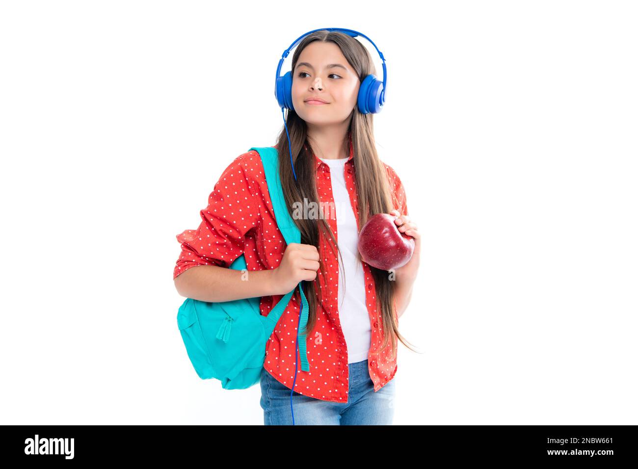 Back to school. Schoolgirl student in headphones with school bag ...