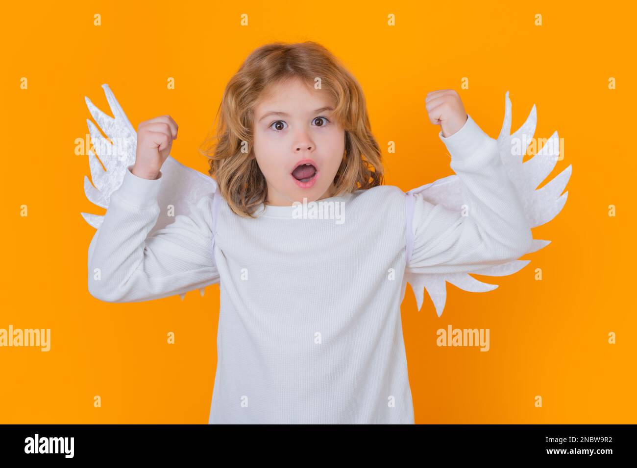 Excited little angel, amazed kids. Cute angel kid, studio portrait. Blonde curly little angel child with angels wings, isolated background Stock Photo