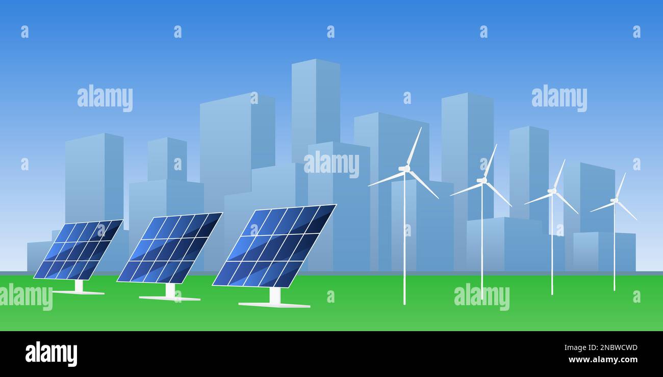 Wind turbines and solar cells near city. Sustainable energy. Vector illustration. Stock Vector