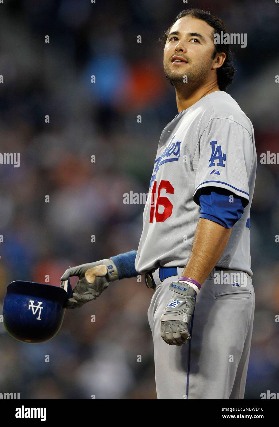 Los Angeles Dodgers' Andre Ethier (16) reacts after hitting a fly out