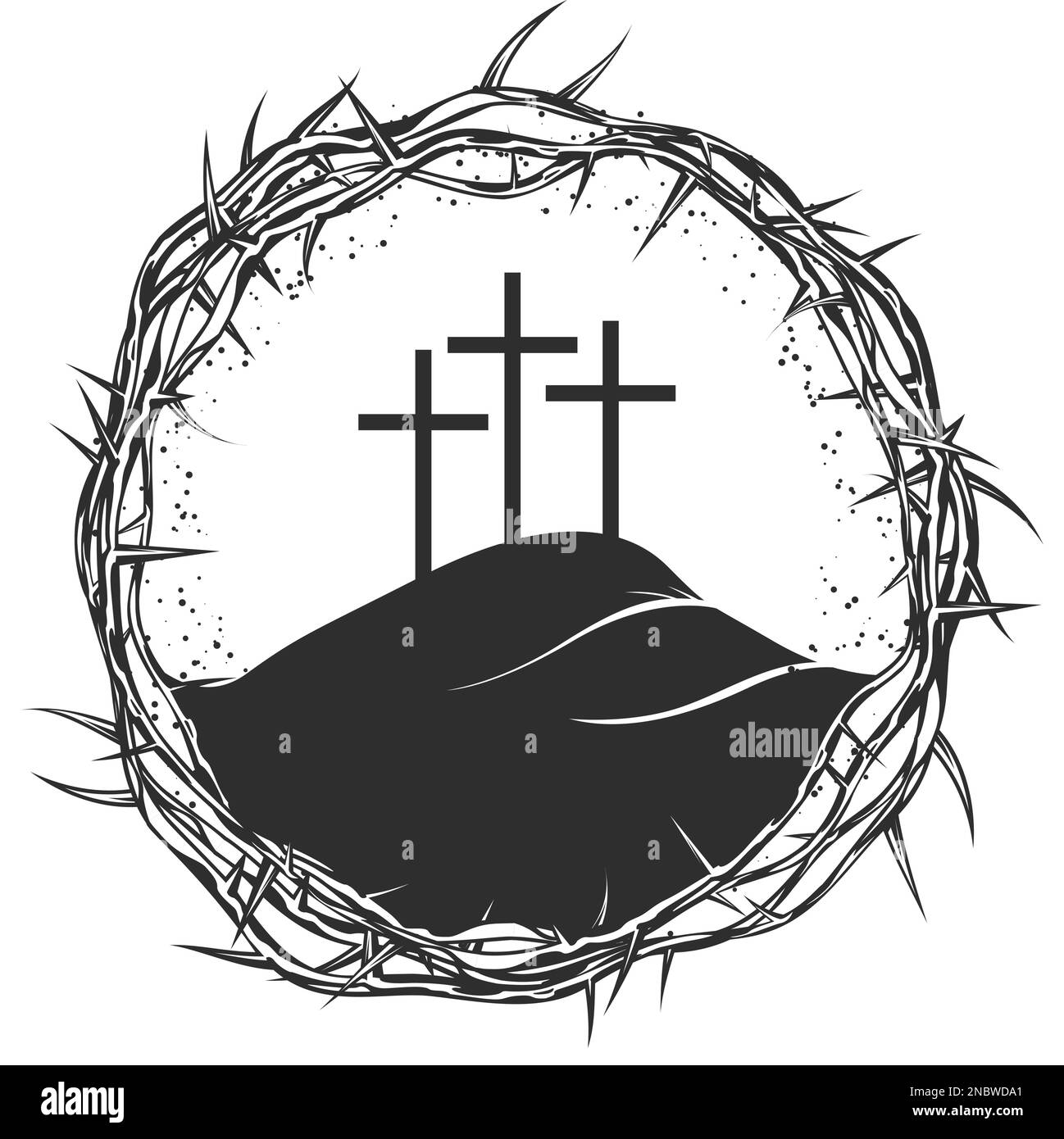 Mount Calvary in frame of Crown of thorns, Jesus Christ crucifixion, easter religious symbol of Christianity,  Golgotha and crucifixion thorn, vector Stock Vector