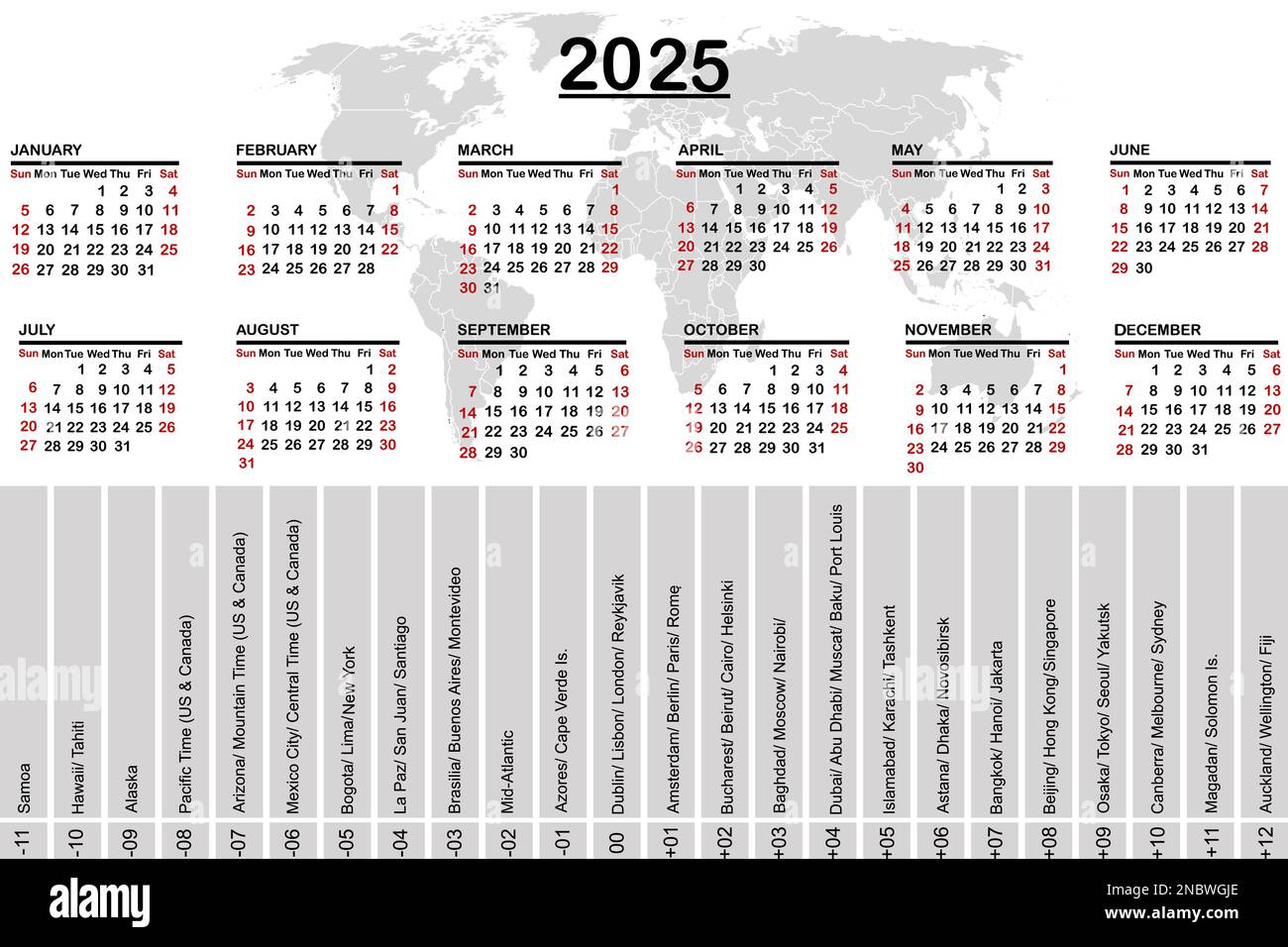 2025 calendar with world map and time zones Stock Vector Image & Art