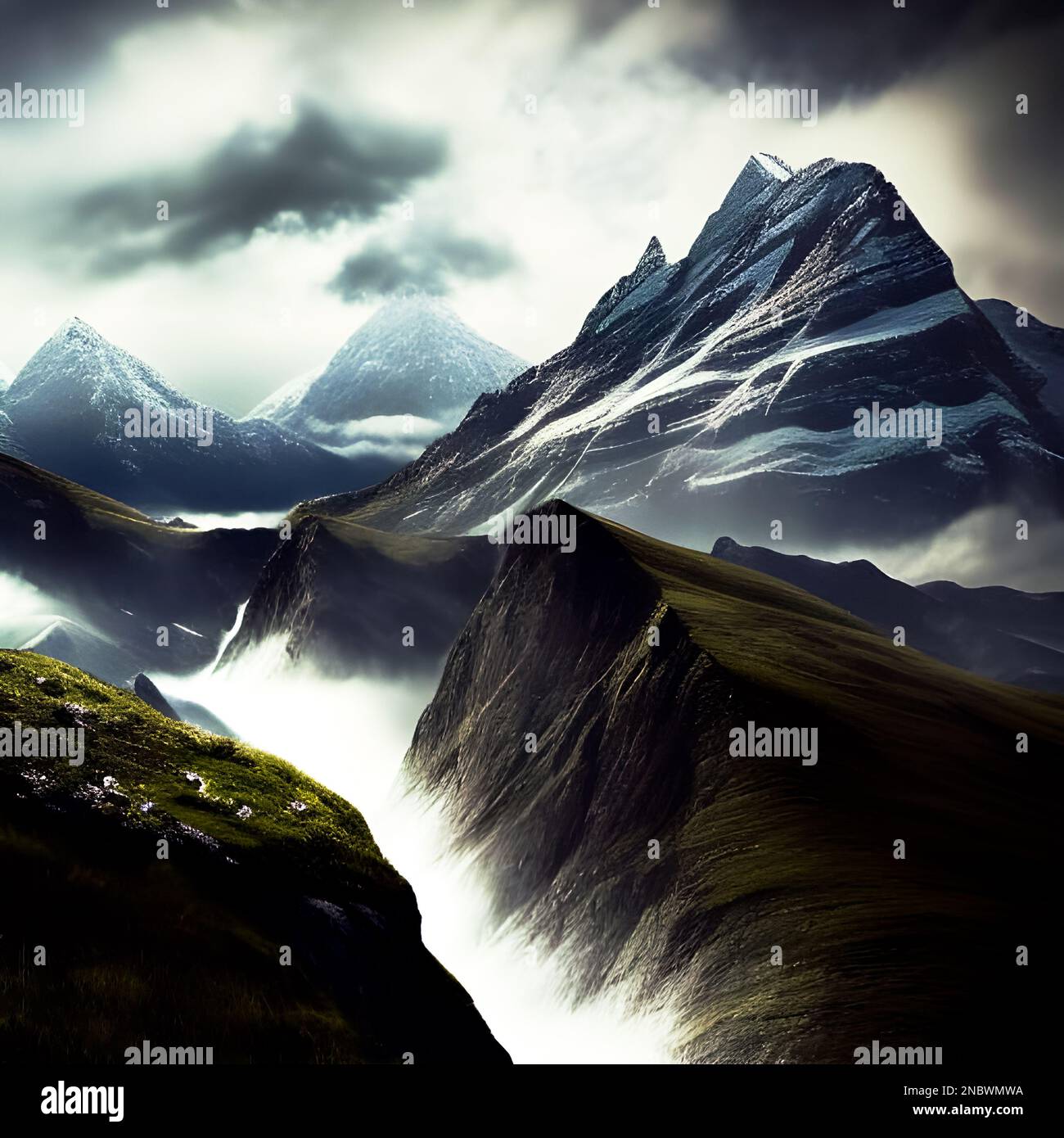 Mountain range in winter depiction. Stock Photo