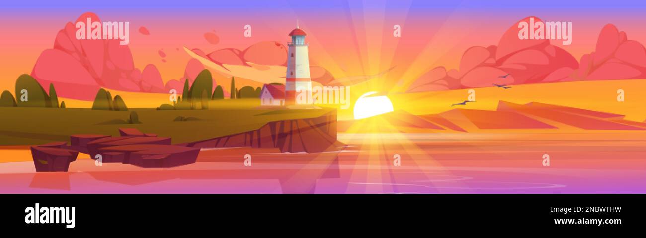 Lighthouse on sea coast. Summer sunset landscape of ocean beach with ...