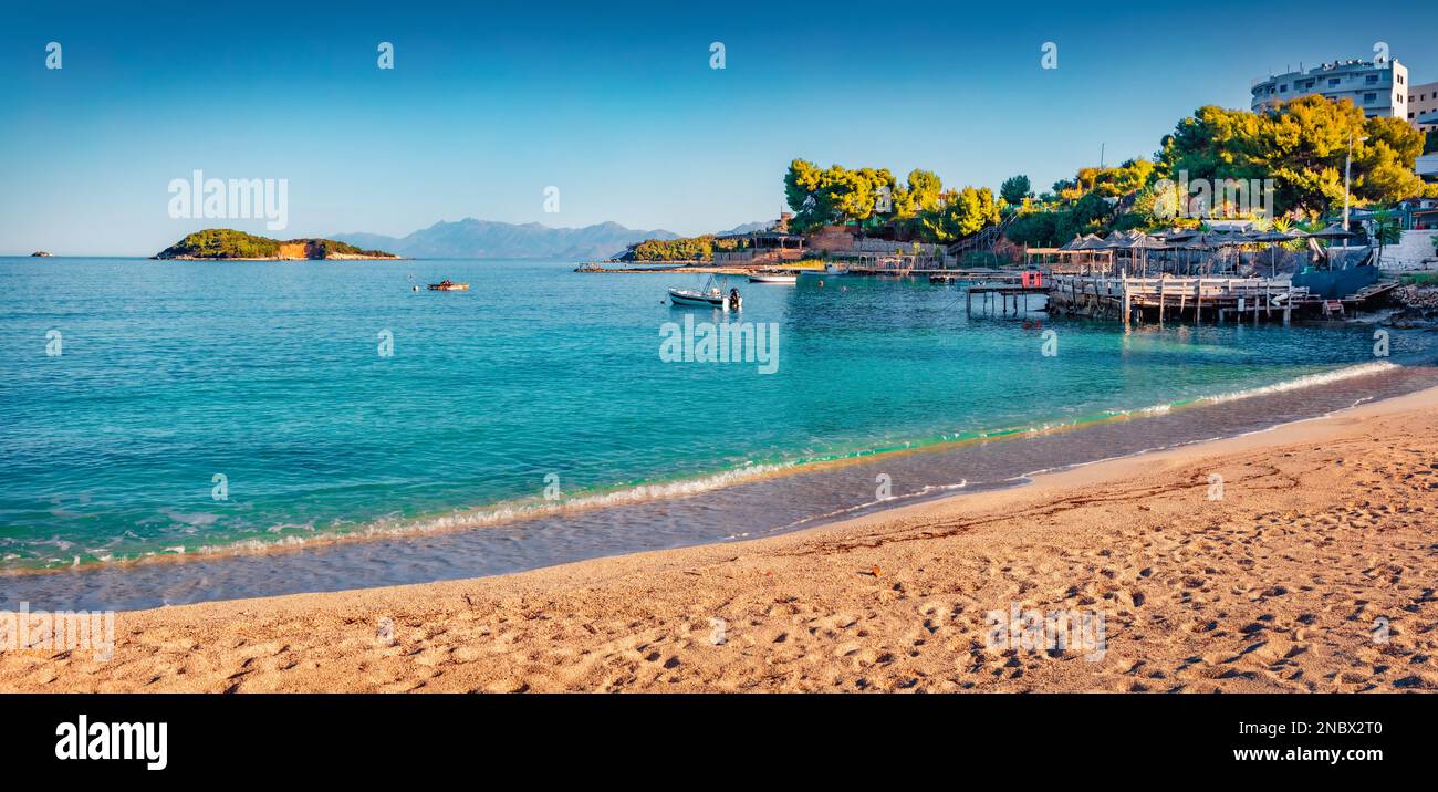 Panoramic spring view of Ksamil resort. Azure seascape of Ionian sea ...