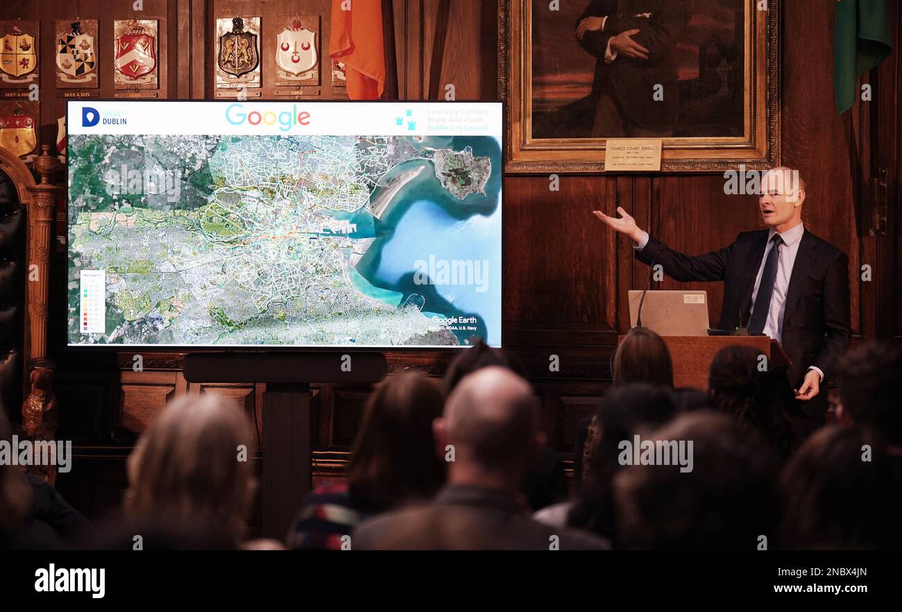 Minister of State at the Department of Environment, Climate and Communications, Ossian Smyth speaking at the launch of the Google Project Airview pollution monitoring data set at The Mansion House in Dublin. Picture date: Tuesday February 14, 2023. Stock Photo