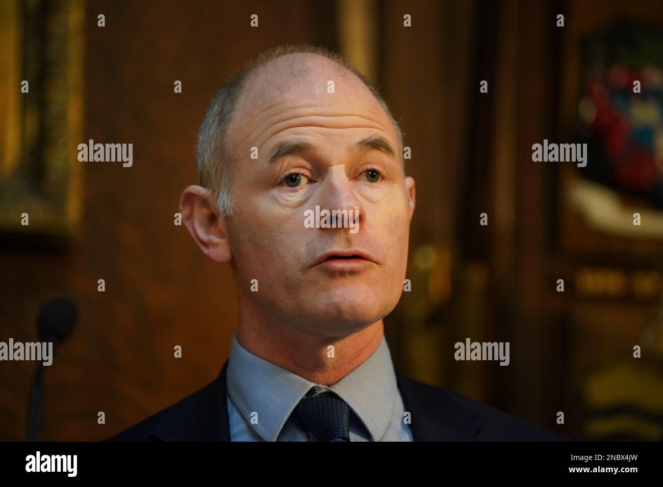 Minister of State at the Department of Environment, Climate and Communications, Ossian Smyth speaking at the launch of the Google Project Airview pollution monitoring data set at The Mansion House in Dublin. Picture date: Tuesday February 14, 2023. Stock Photo