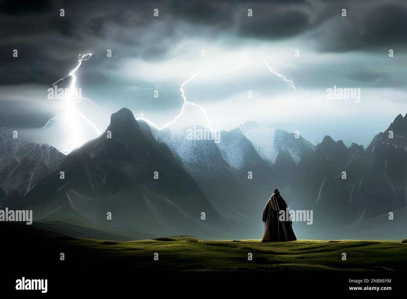 Cloaked figure overlooking lightning on a mountain range. Stock Photo