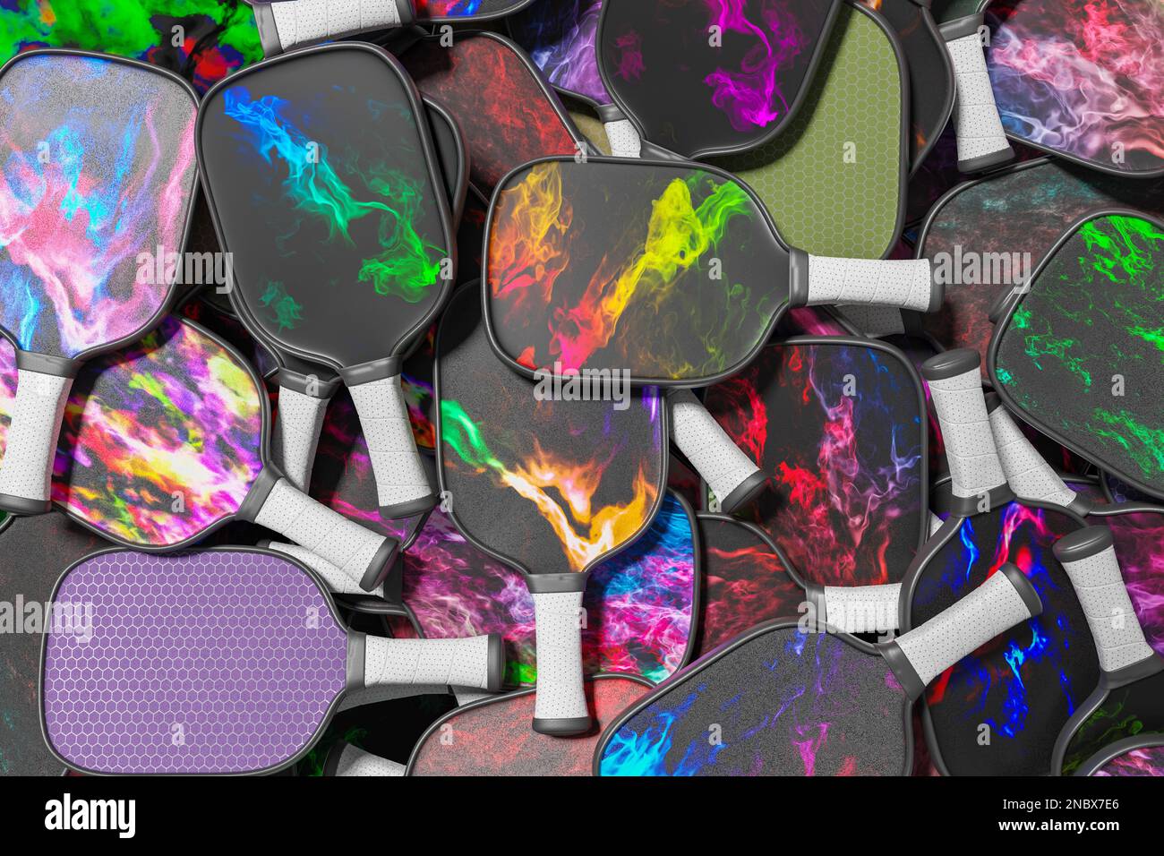 Pickleball many different multicolored rackets. Sports background 3D ...